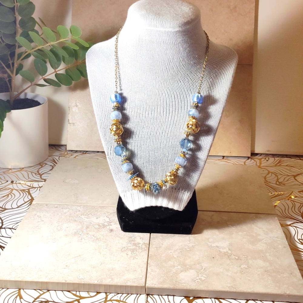 Vintage Blue White Gold Beaded Necklace
